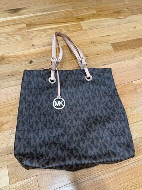 Michael Kors Brown MK Logo Tote with Pink Handles